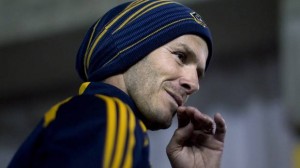 David Beckham warms up for a training session at the Rogers Centre in Toronto on March 6, 2012, ahead of his team's CONCACAF quarter-final first leg tie against Toronto FC tomorrow. (Chris Young/The Canadian Press/Chris Young/The Canadian Press)